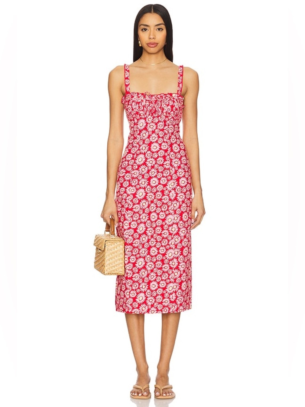 Free People Lucinda Floral Midi Dress L Red & Pink‎ Smocked Cottagecore Babydoll